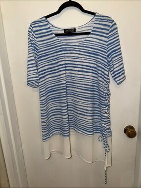Context Blue & White Striped Side-Tie Tunic Top with Chiffon Hem